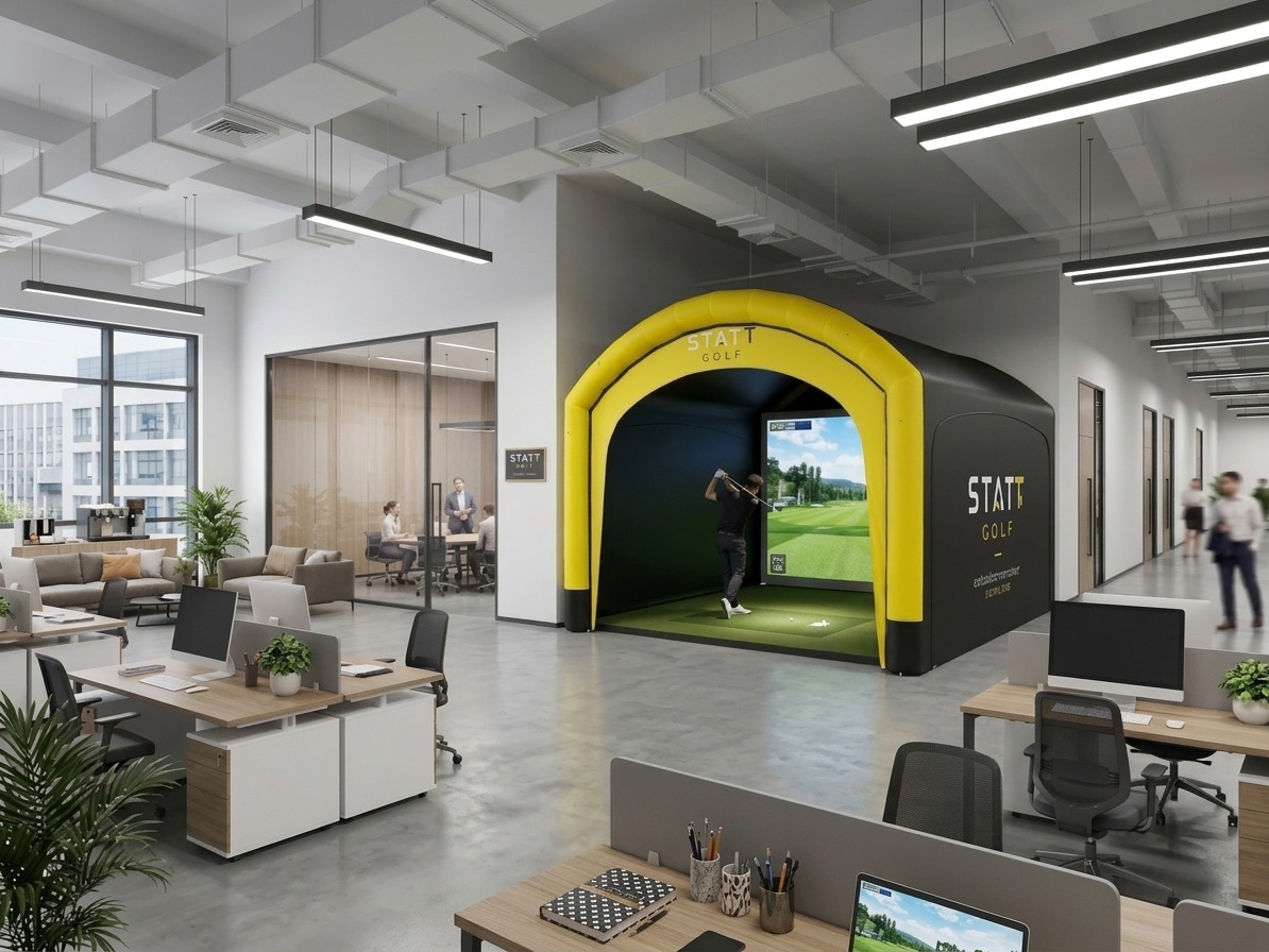 De Statt Golf-tent op kantoor, met een speler die afslaat op de simulator